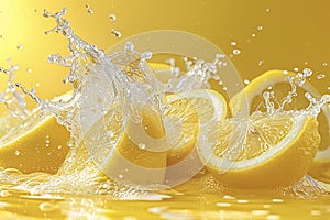 Yellow sliced lemons and flowing liquid