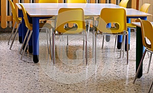 yellow small chairs in the classroom of the school wihtout peopl