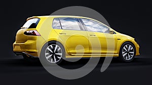 Yellow small family car hatchback on black background. 3d rendering.