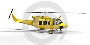 Yellow small military transport helicopter on white isolated background. The helicopter rescue service. Air taxi