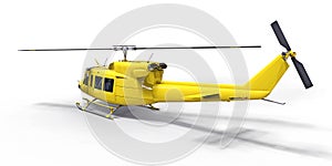 Yellow small military transport helicopter on white isolated background. The helicopter rescue service. Air taxi