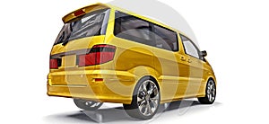 Yellow small minivan for transportation of people. Three-dimensional illustration on a white background. 3d rendering