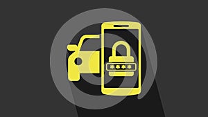 Yellow Smart car security system icon isolated on grey background. The smartphone controls the car security on the