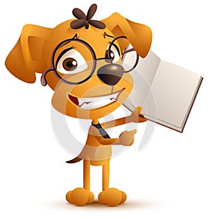 Yellow smart dog teacher with glasses holds an open book