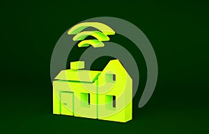 Yellow Smart home with wireless icon isolated on green background. Remote control. Internet of things concept with