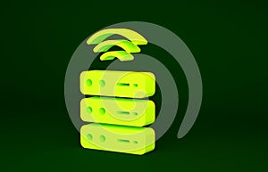 Yellow Smart Server, Data, Web Hosting icon isolated on green background. Internet of things concept with wireless