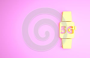 Yellow Smart watch 5G new wireless internet wifi icon isolated on pink background. Global network high speed connection