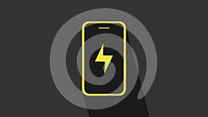 Yellow Smartphone charging battery icon isolated on grey background. Phone with a low battery charge. 4K Video motion