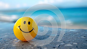 Yellow smiley ball emoticon on the sand at the seashore