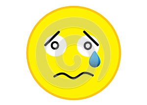 A yellow smiley emoticon sad crying expression white backdrop