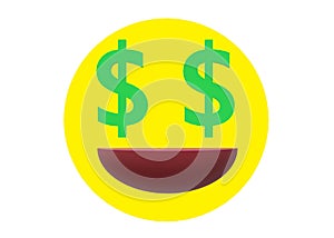 A yellow smiley emoticon of a smiling money eyed face white backdrop