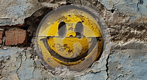 a yellow smiley face in a hole in a concrete wall