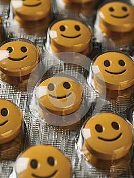 Yellow smiley faces in plastic containers bring sweetness to baked goods photo