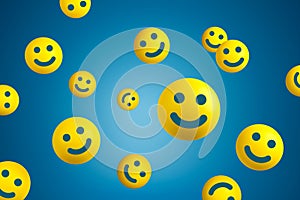 Yellow smiling balls flying on blue background. Happiness or customer satisfaction