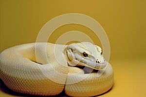 Yellow snake of Albino Royal Phyton isolated on yellow background. ai generative.