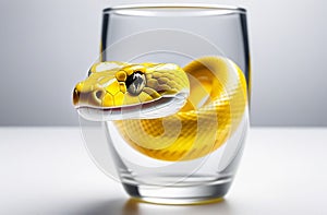 Yellow snake with a glass of medicine on a white background