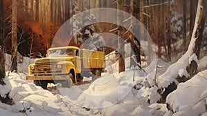 Yellow Snow Covered Russian Truck Painting In Shwedoff Style