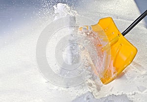 Yellow Snow Shovel Shoveling Fresh, Deep Powdery Snow