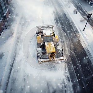 Yellow snowplough cleaning dirty snowy street after snowfall in the city. Snow removal in cold weather. Generative AI