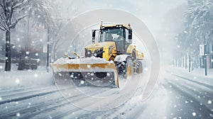 Yellow snowplough working on the road, removing snow during heavy snowstorm in the city. Snow removal tractor. Generative AI