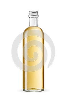 Yellow soda in glass bottle closed with aluminum screw cap isolated on a white
