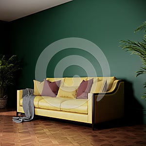 yellow sofa in green color room. interior design