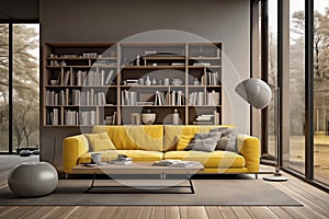 Yellow sofa in a large living room. Mockup modern interior design