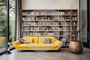 Yellow sofa in a large living room. Mockup modern interior design