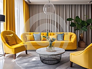 Yellow sofa in luxury art deco style interior design of modern living room with yellow curtains