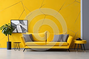 Yellow Sofa in Modern Living Room with Yellow Geometric Wall