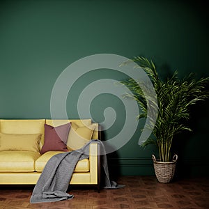 yellow sofa and tree in green color room. interior design