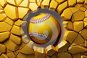 Yellow softball baseball ball breakthrough into the yellow wall. Team athletic sports