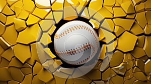 Yellow softball baseball ball breakthrough into the yellow wall. Team athletic sports