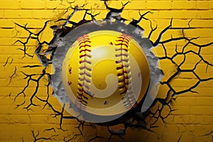 Yellow softball baseball ball breakthrough into the yellow wall. Team athletic sports