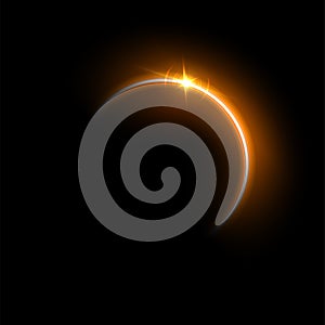 Yellow solar eclipse flare vector Illustration. Gold glowing sunlight circle with shining star. Energy semicircle bright