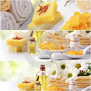 yellow spa concept collage. soap and essensials spa objects