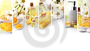 yellow spa concept collage. soap and essensials spa objects