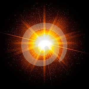 Yellow spark. Star burst with sparkles. Gold glitter particles, dust. Transparent glow light effect. Vector illustration on dark b