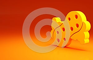 Yellow Sponge with bubbles icon isolated on orange background. Wisp of bast for washing dishes. Cleaning service logo