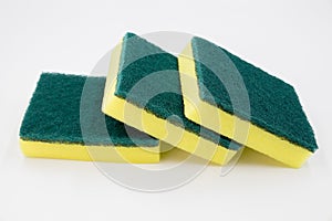 Yellow sponge, Cleaning concept, Yellow sponge for dishwashing in kitchen on white background