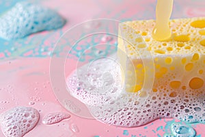 Yellow sponge with pouring dish soap and foam on a pastel background, ideal for advertising kitchen cleaning products