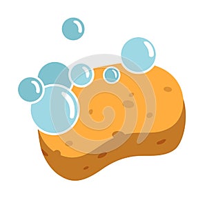 Yellow sponge with soapy bubbles vector cartoon flat style illus