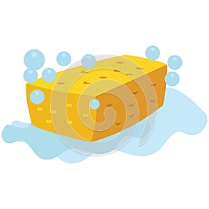 Yellow sponge with soapy bubbles vector cartoon flat style illustration