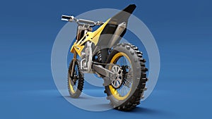 Yellow sport bike for cross-country on a blue background. Racing Sportbike. Modern Supercross Motocross Dirt Bike. 3D Rendering photo