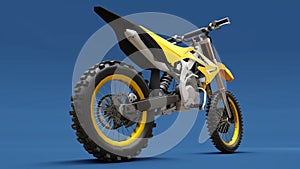 Yellow sport bike for cross-country on a blue background. Racing Sportbike. Modern Supercross Motocross Dirt Bike. 3D Rendering