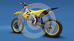 Yellow sport bike for cross-country on a blue background. Racing Sportbike. Modern Supercross Motocross Dirt Bike. 3D Rendering photo