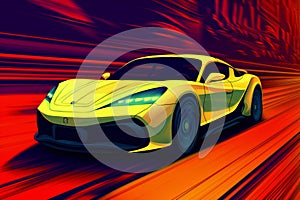 Yellow sport car on the background of the fast speed