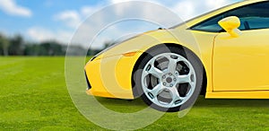 Yellow Sport Car on green grass, Digital illustrat