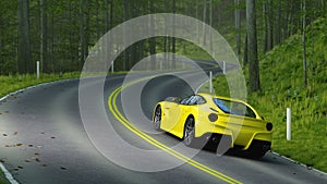 Yellow sports car driving around a bend with empty forest road ahead. 3D rendering