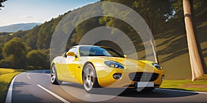 A yellow sports car driving on a country road